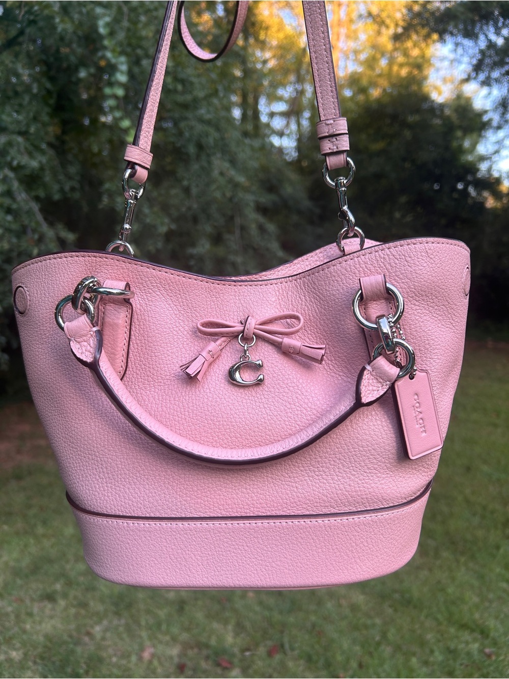 Coach Pink Pebbled Leather Shoulder Bag with Bow Charm